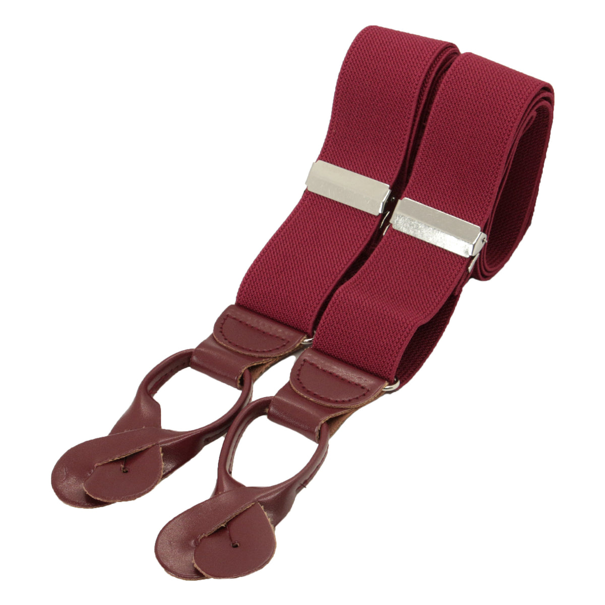 Burgundy Rolled Leather End Button Braces - Leonard Silver - coiled, showing leather ends and metal sliders