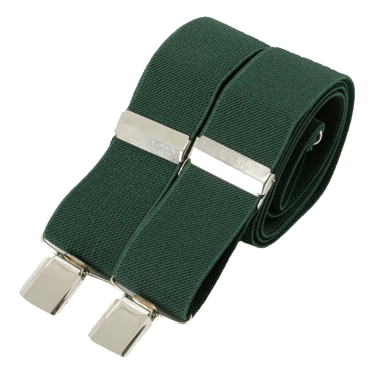 Bottle Green 35mm Silver Clip Braces - Leonard Silver - rolled, showing clips and X back