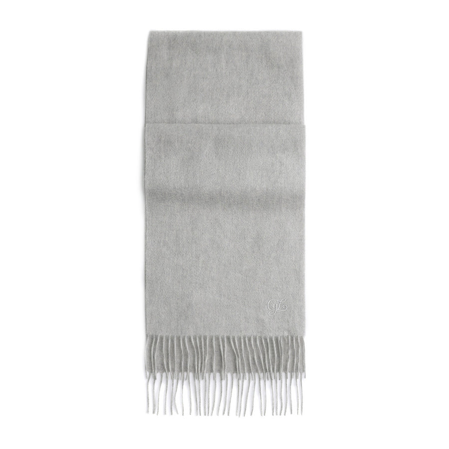 Guards London Unisex Cashmere Wool Scarf in Grey, folded flat lay with fringed ends