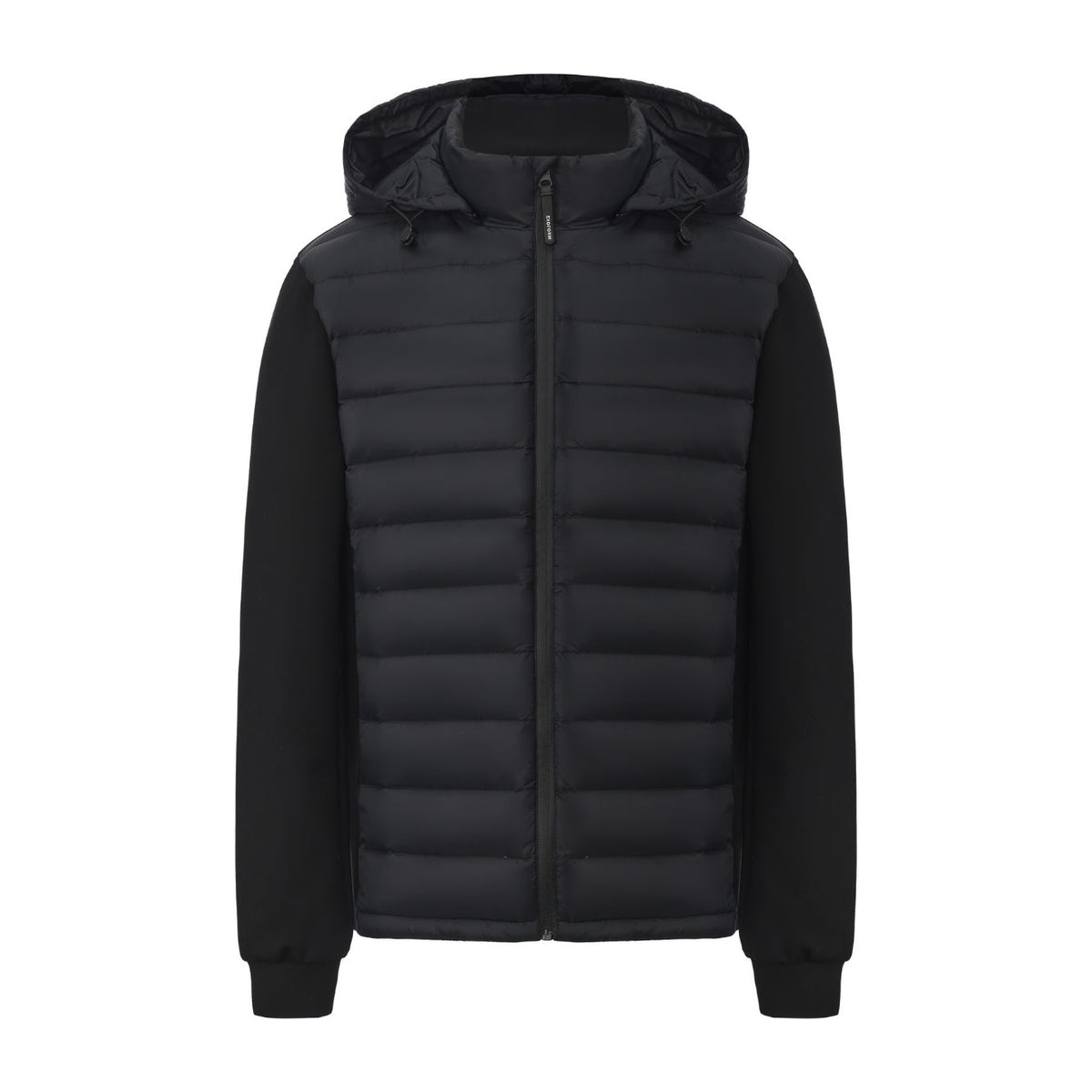 Bale Hybrid Quilt and Interlock Zip Jacket in Black, front flat lay with hood up