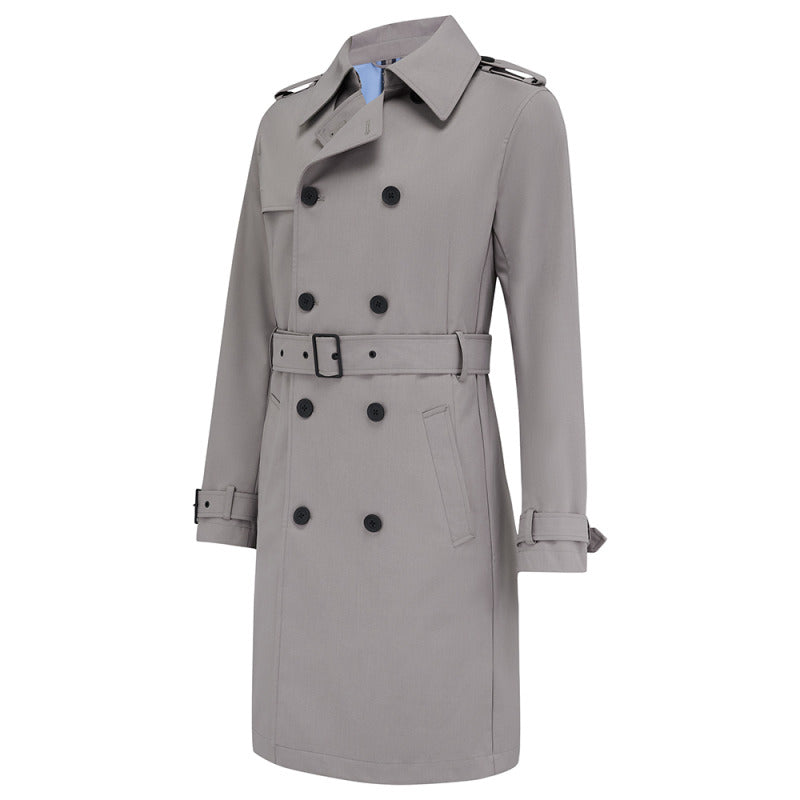 Beacon double-breasted trench coat in Putty, front flat lay with the belt fastened