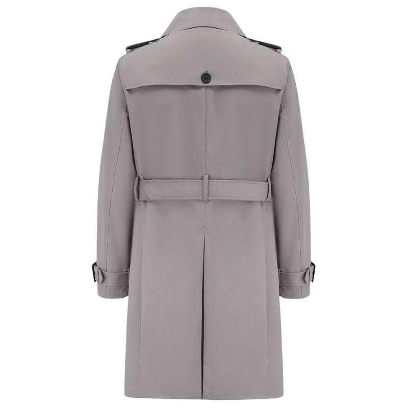 Back of the Beacon trench coat in Putty, flat lay showing the yoke and belt