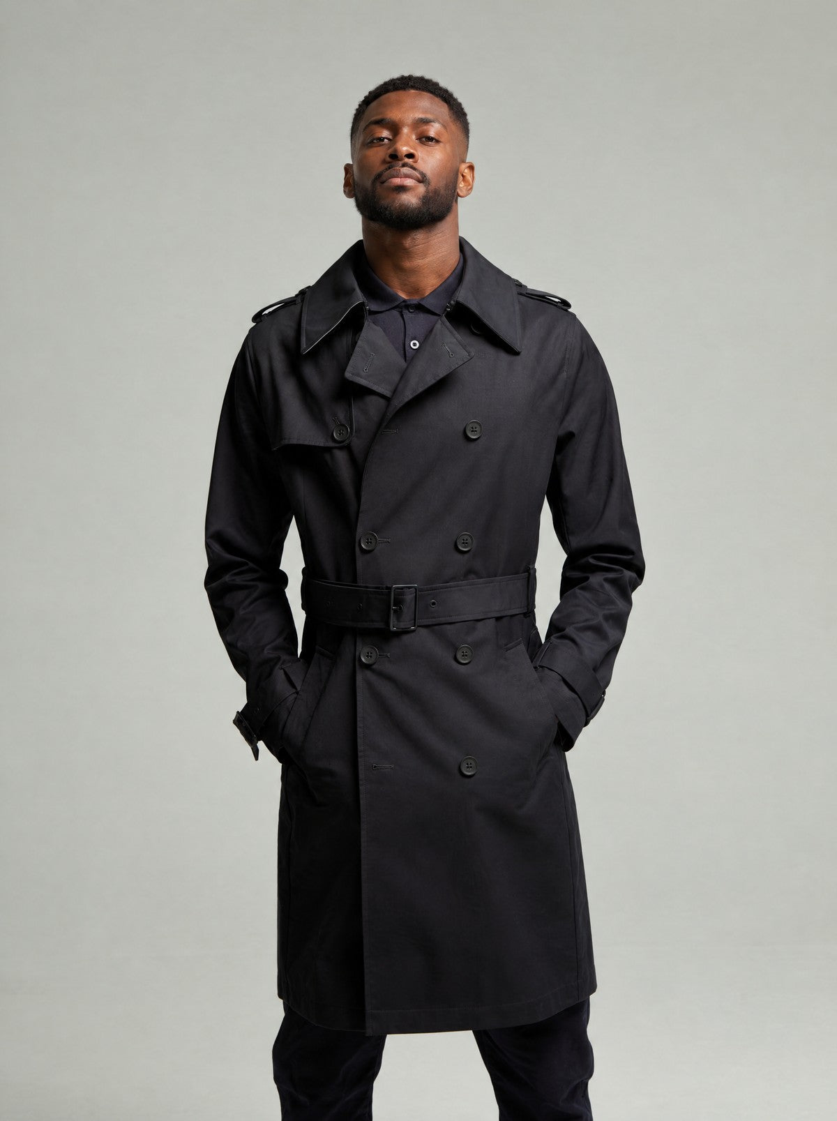 Guards London Beacon Double-Breasted Trench Coat in Navy worn belted on a model