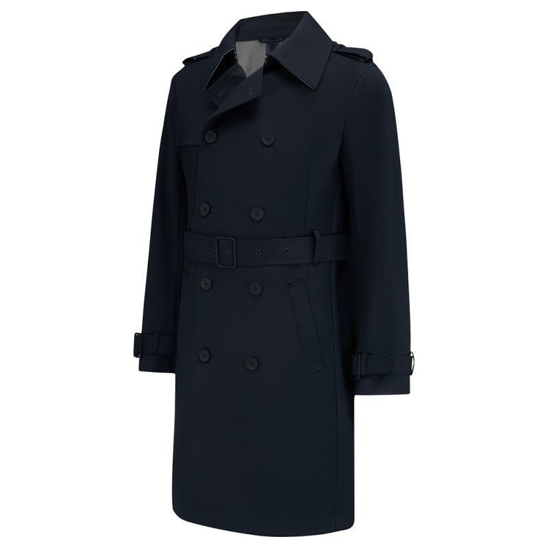 Beacon double-breasted trench coat in Navy, front flat lay with belt and cuff straps