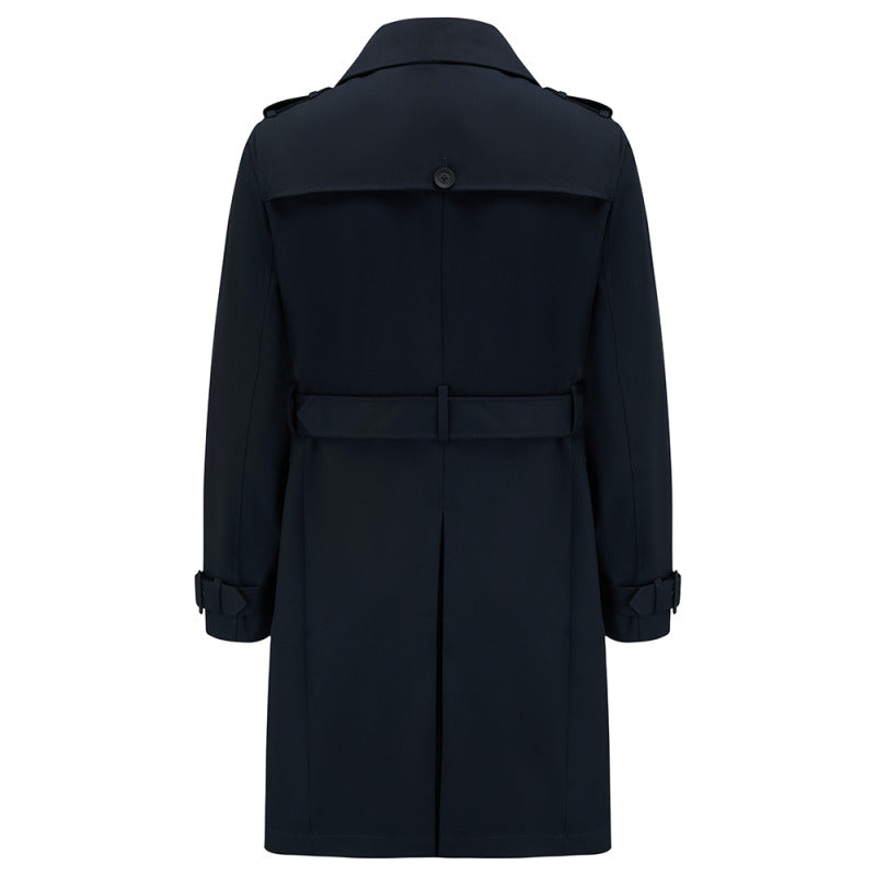 Back of the Beacon trench coat in Navy, flat lay showing the yoke, belt and back vent