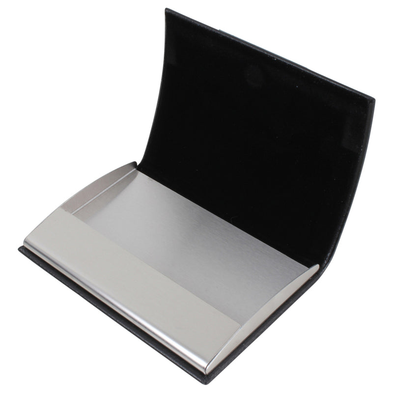 Black Leatherette Business Card Case - Leonard Silver - open, showing steel tray and velveteen lining