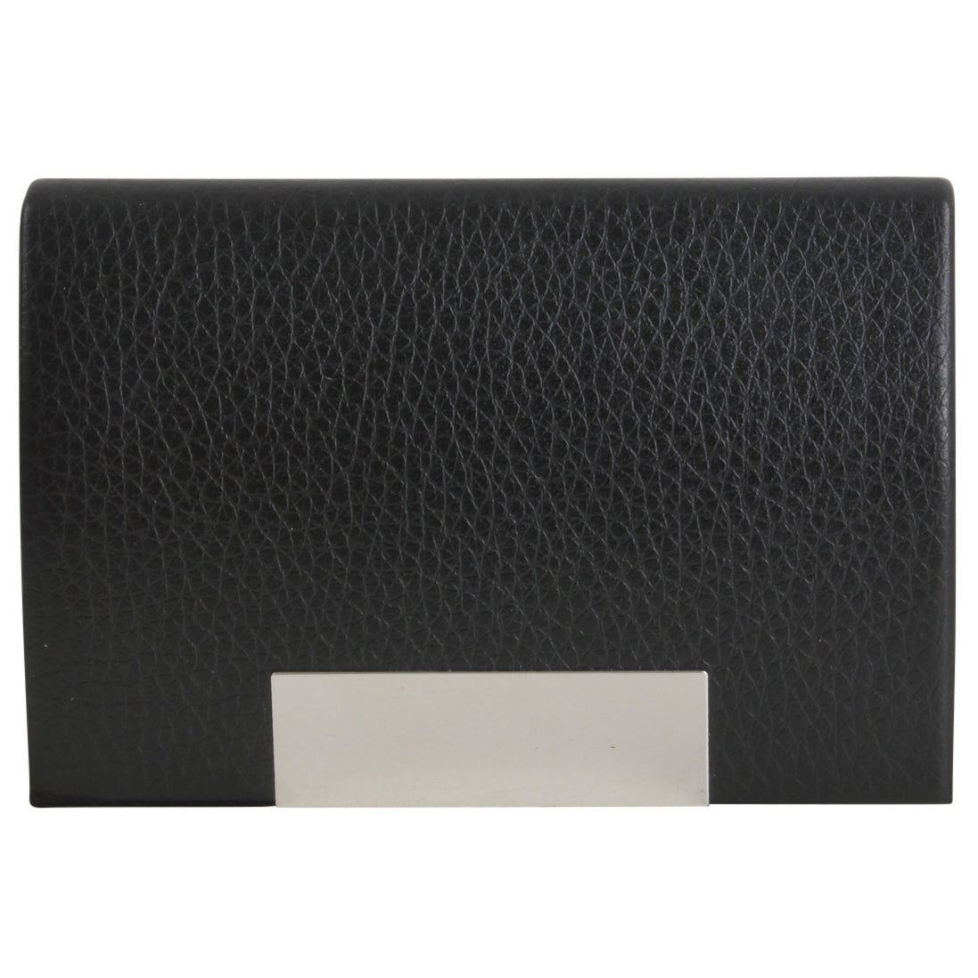 Black Leatherette Business Card Case - Leonard Silver - closed, grained leatherette face
