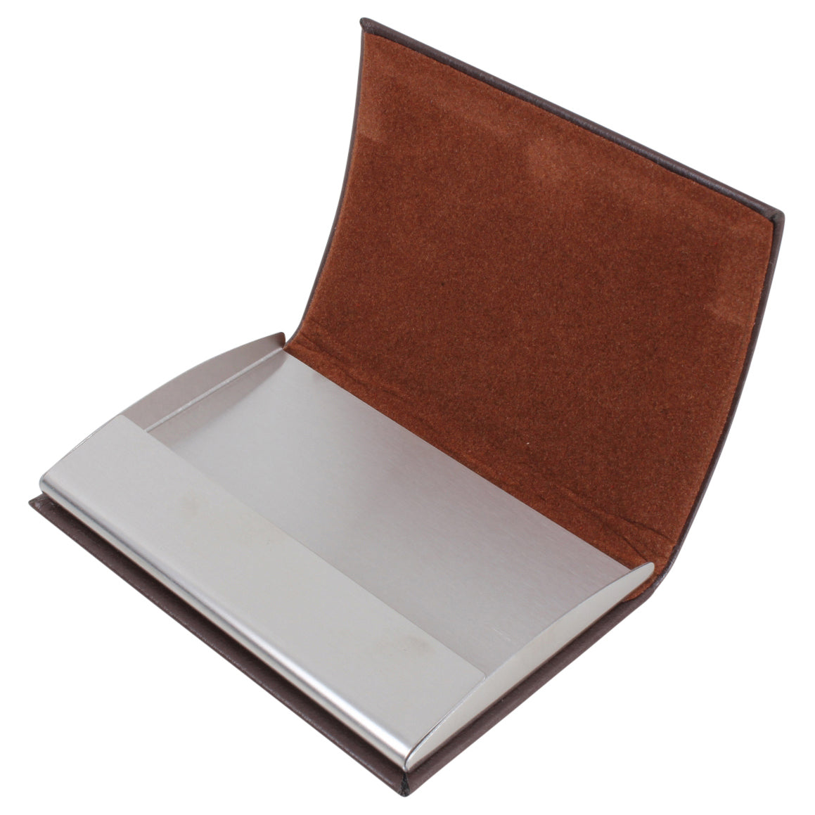 Brown Leatherette Business Card Case - Leonard Silver - open, showing velveteen and steel interior