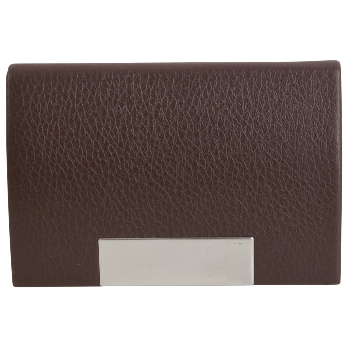 Brown Leatherette Business Card Case - Leonard Silver - closed, back view