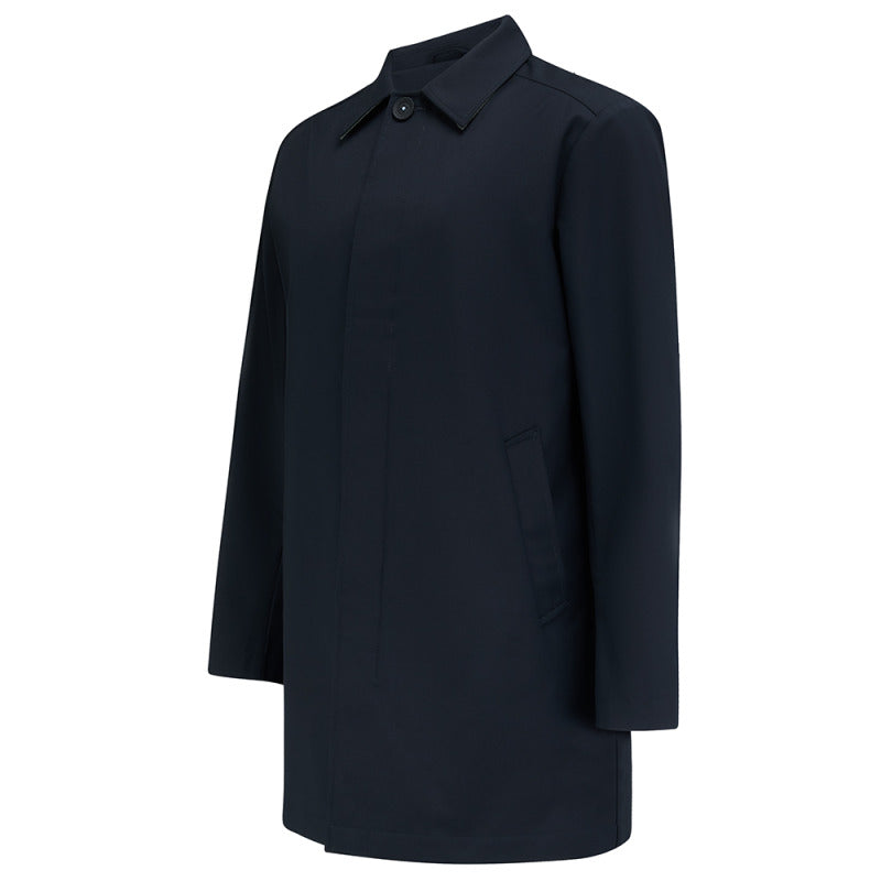 Carver raincoat in Navy, front flat lay with concealed placket and side pocket