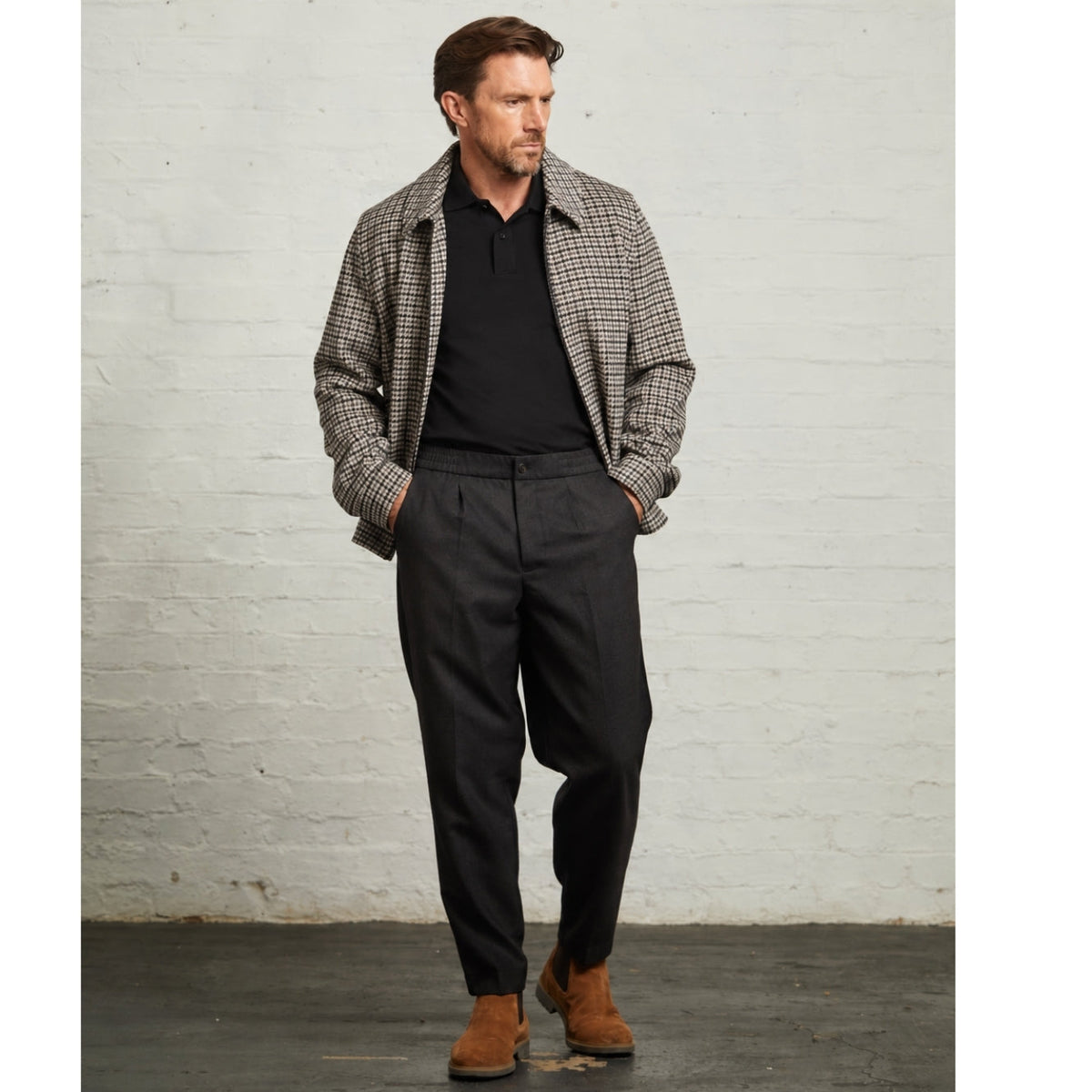 Edward wool check Harrington in Grey, full-length view on a model with charcoal trousers