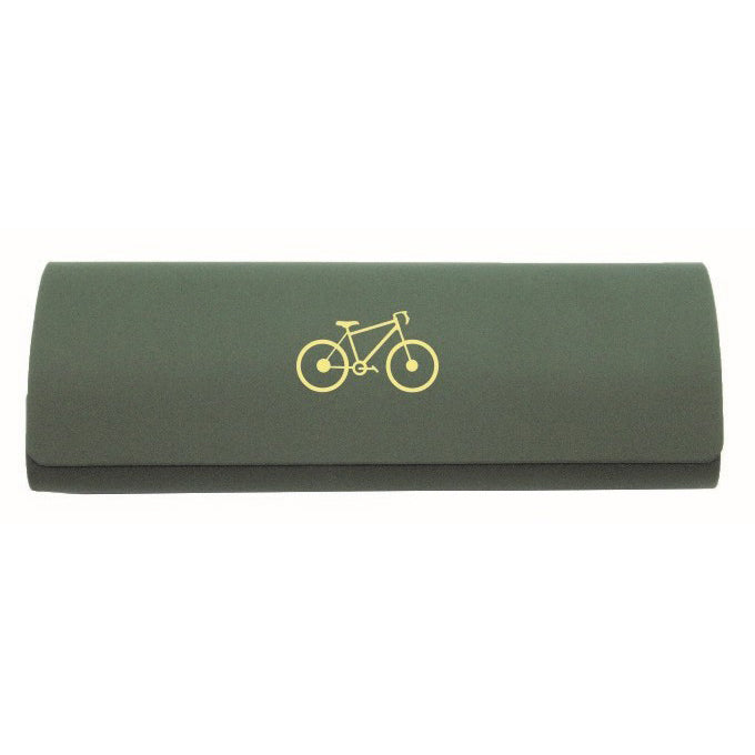 Green Bicycle Glasses Case & Cloth - Leonard Silver - front with yellow bicycle motif
