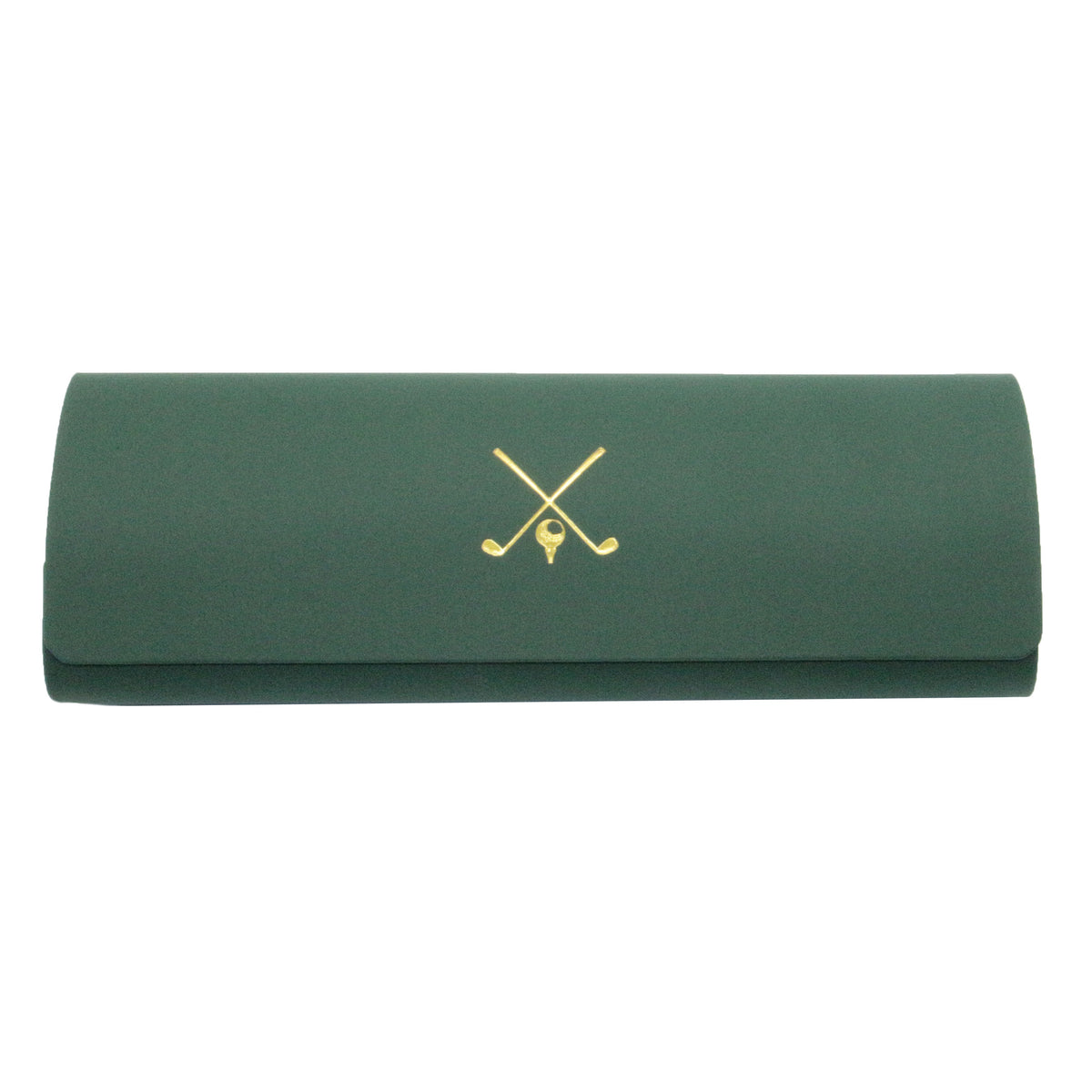 Green Golf Glasses Case And Cleaning Cloth - Leonard Silver - front with gold golf motif