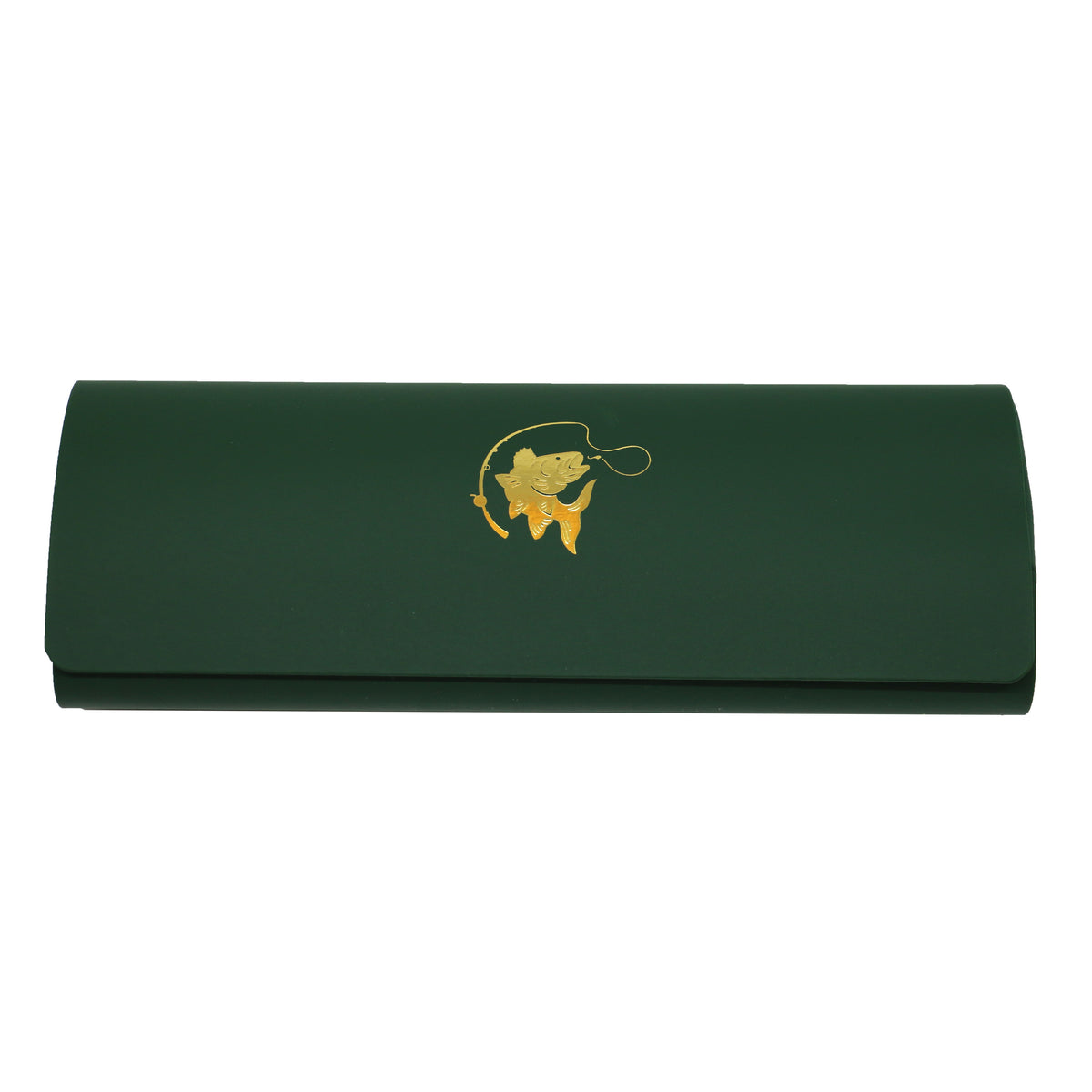 Green Fish & Reel Gold Embossed Glasses Case & Cloth - Leonard Silver - front view of closed case