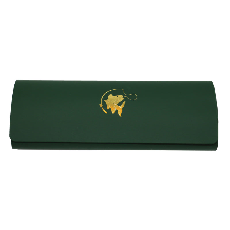 Green Fish & Reel Gold Embossed Glasses Case & Cloth - Leonard Silver - front view of closed case