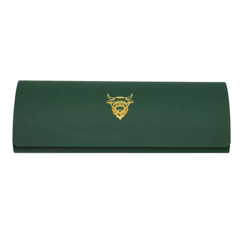 Highland Cow Green Glasses Case & Cloth - Leonard Silver - closed case, front