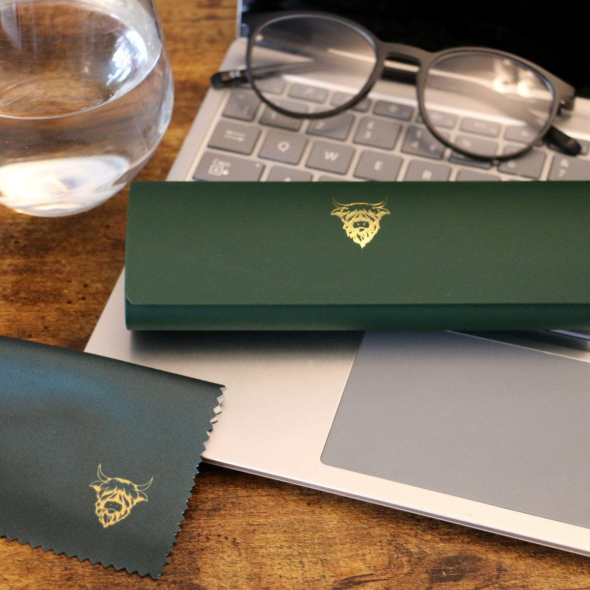 Highland Cow Green Glasses Case & Cloth - Leonard Silver - case and cloth on a desk