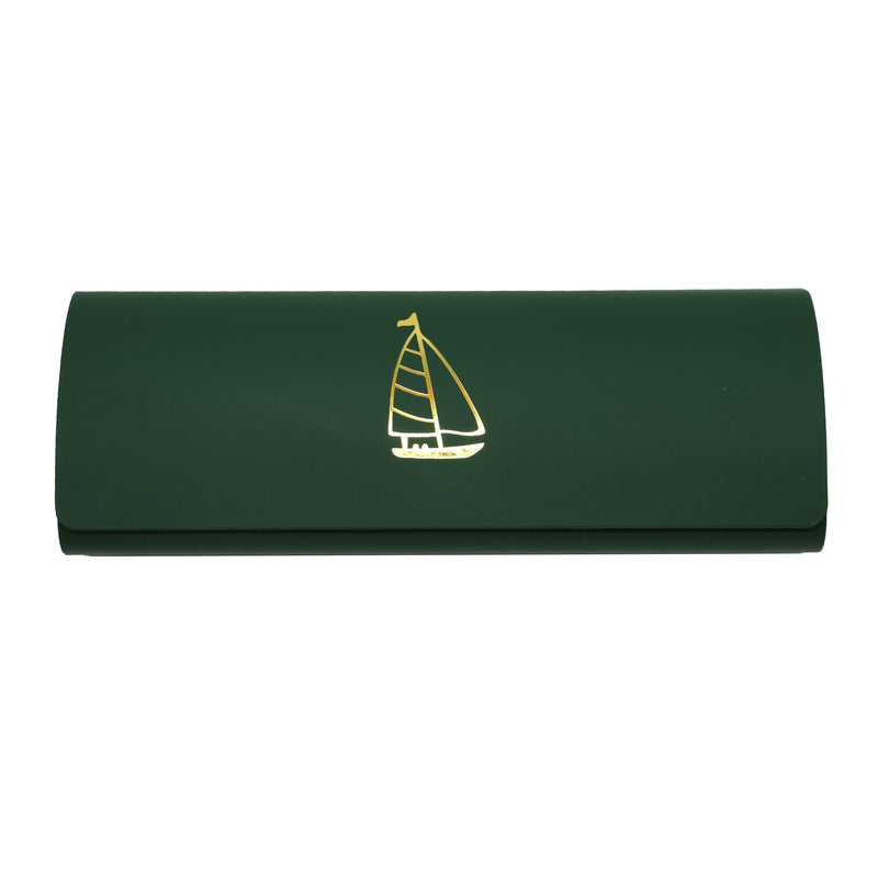 Green Yacht Gold Embossed Glasses Case and Cloth - Leonard Silver - front view of the closed case
