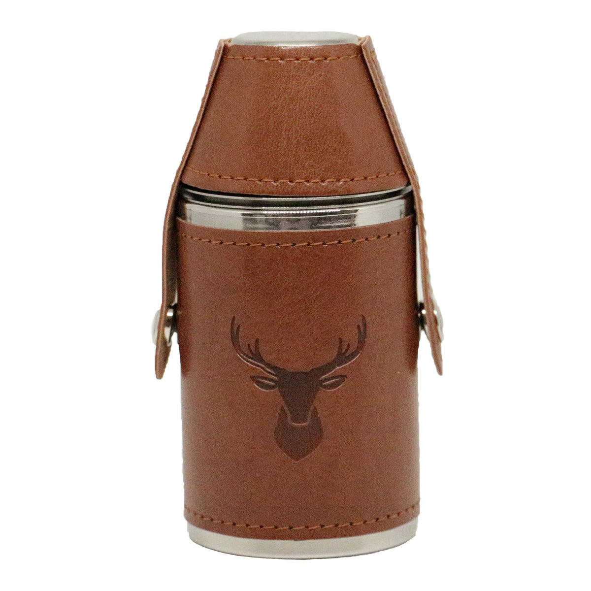 Stag Hunter Hip Flask 6oz With Two Shot Cups - Leonard Silver - stag motif detail