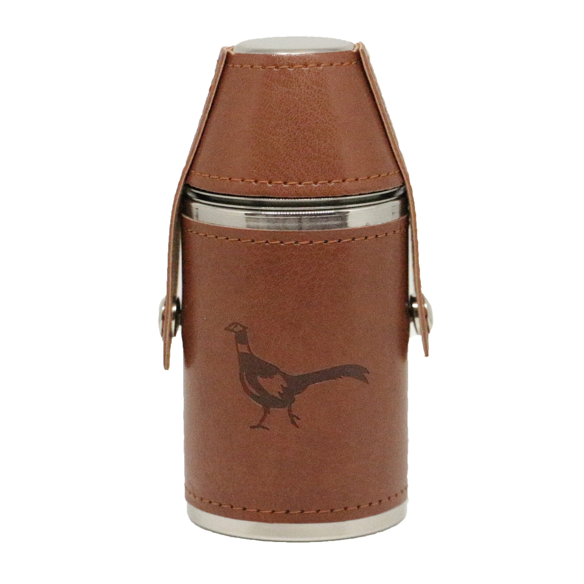 Pheasant Hunter 6oz Hip Flask With Two Cups - Leonard Silver, front view of pheasant motif