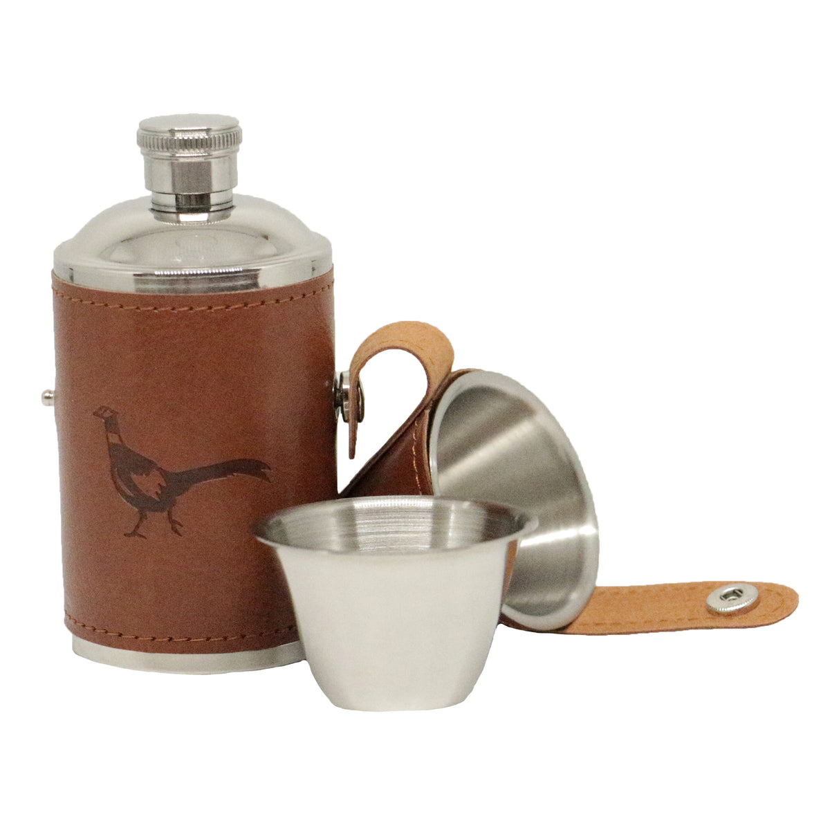 Pheasant Hunter 6oz Hip Flask With Two Cups - Leonard Silver, flask with cups removed from case