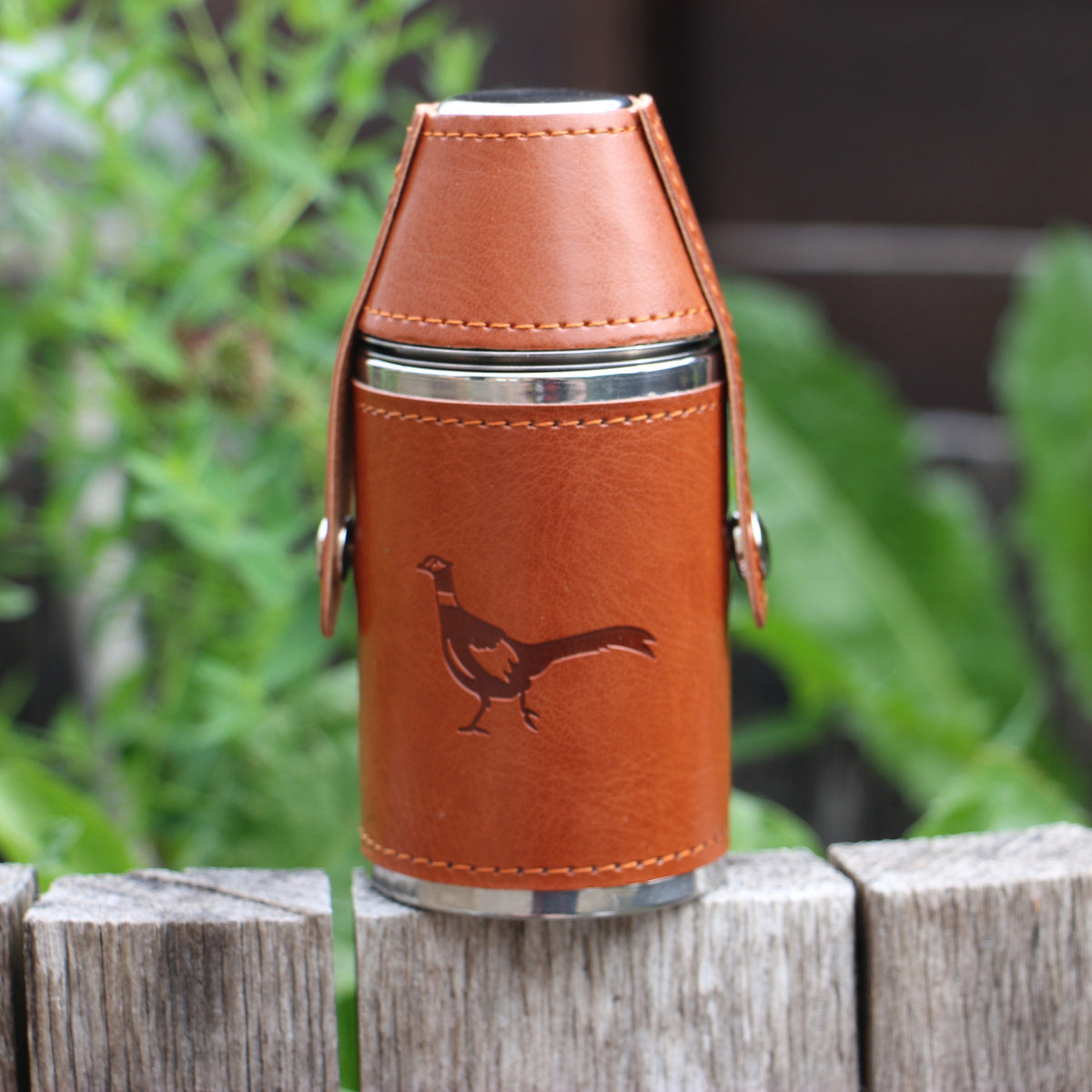 Pheasant Hunter 6oz Hip Flask With Two Cups - Leonard Silver, front view outdoors