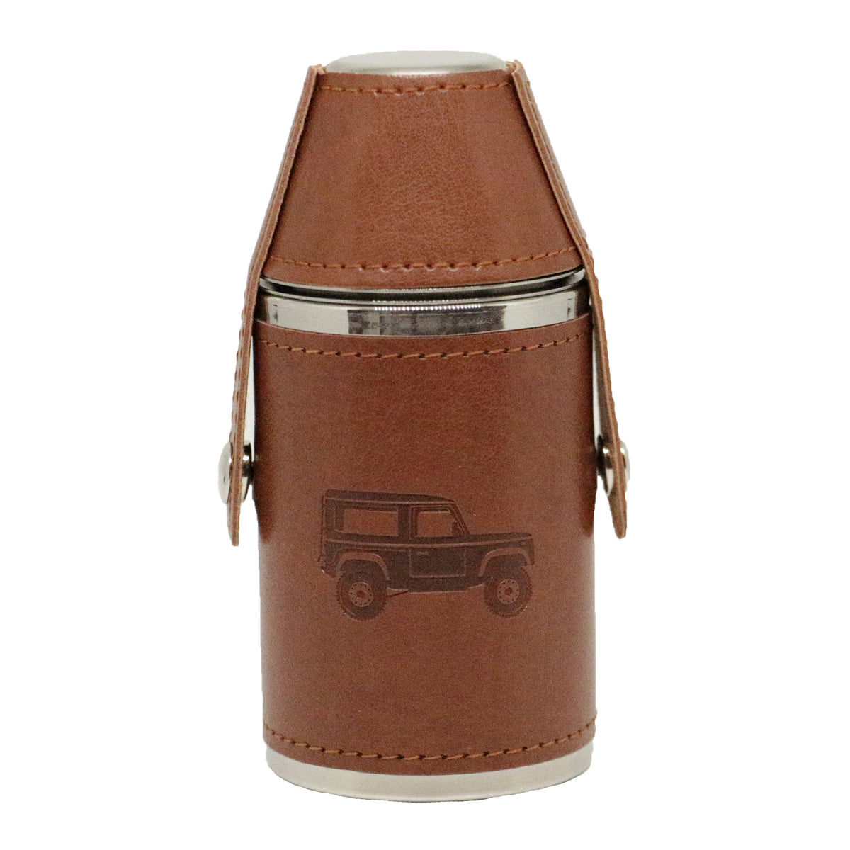 Tan 4x4 Vehicle Hunter Hip Flask 6oz with Two Cups - Leonard Silver - front, cups strapped in place