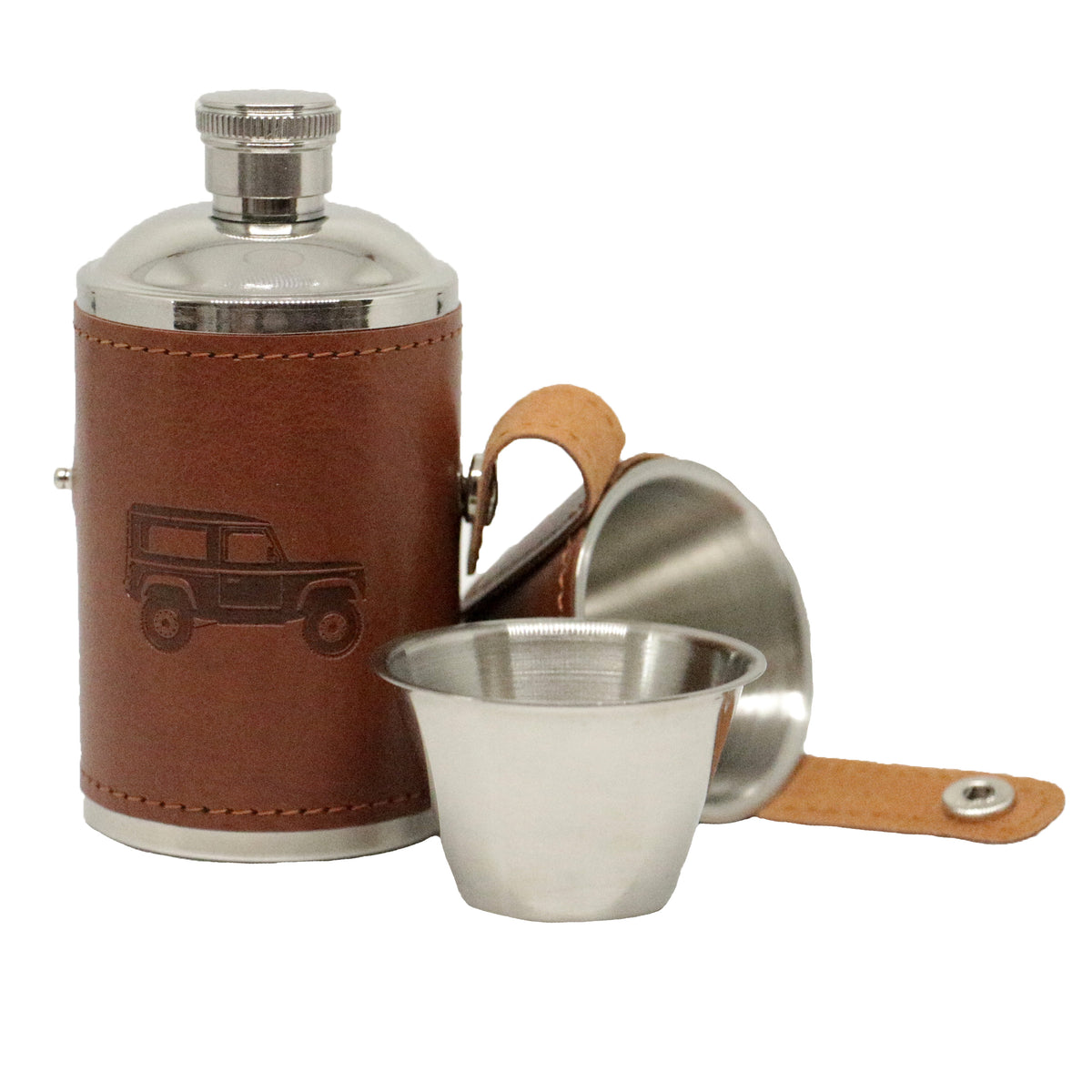 Tan 4x4 Vehicle Hunter Hip Flask 6oz with Two Cups - Leonard Silver - flask with cups removed