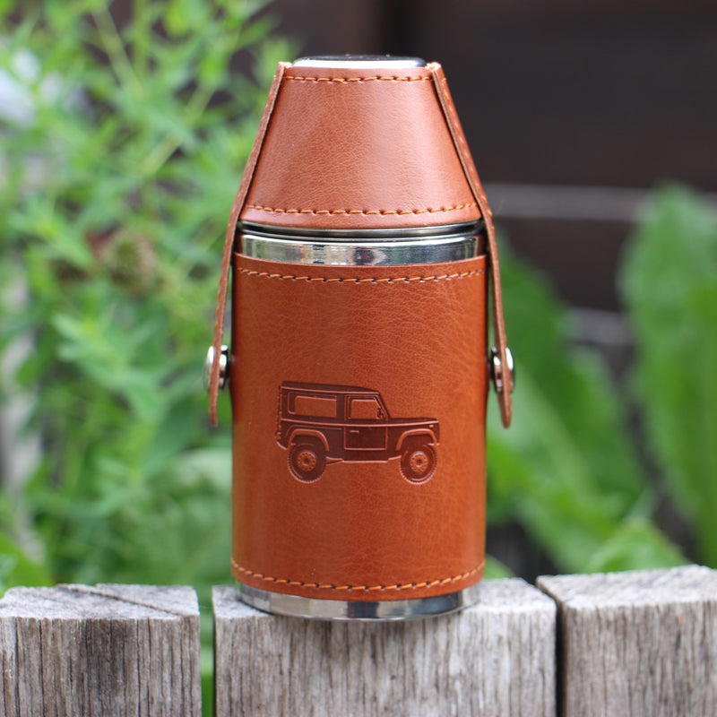 Tan 4x4 Vehicle Hunter Hip Flask 6oz with Two Cups - Leonard Silver - front view outdoors