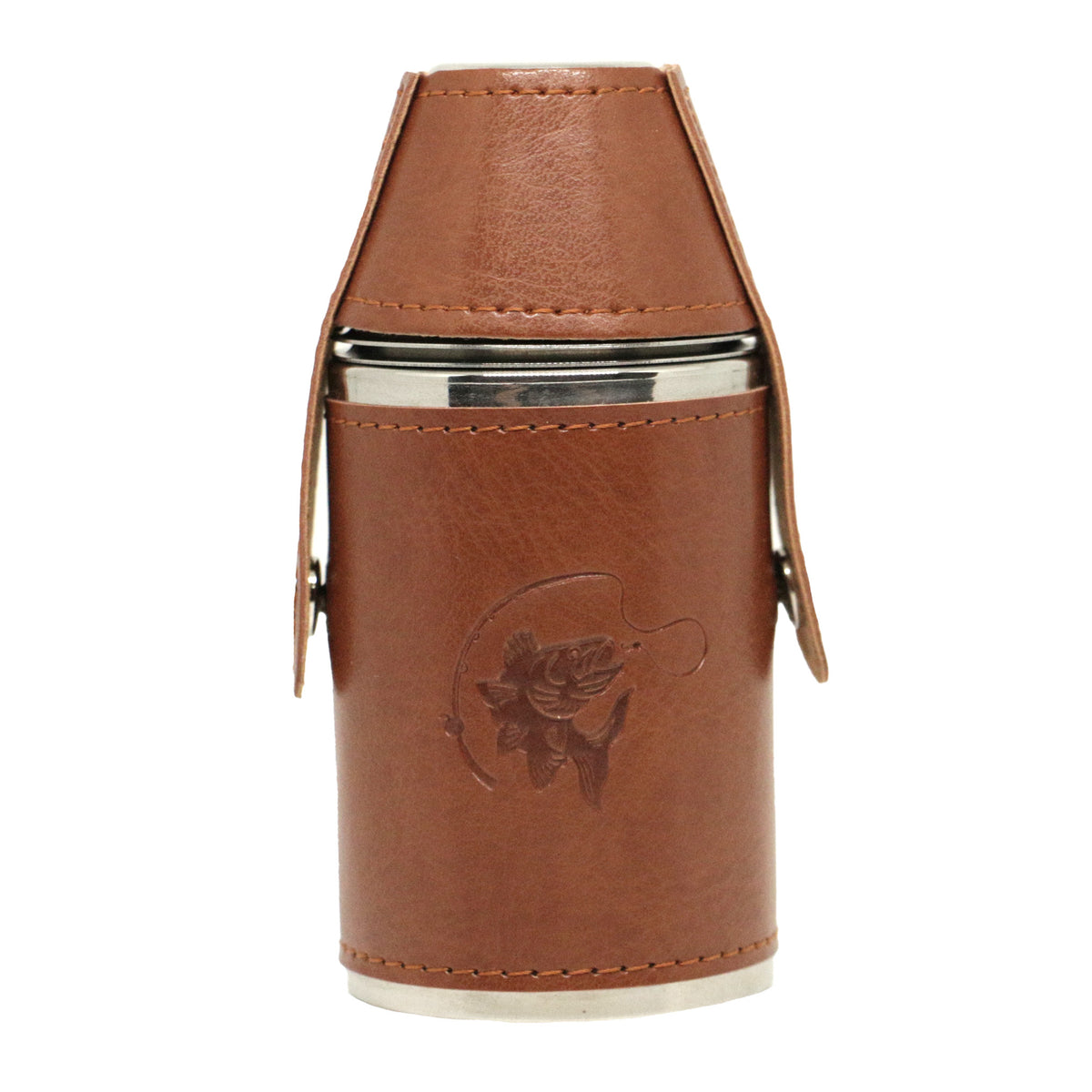 Fish & Reel 6oz Hip Flask With Two Cups - Leonard Silver - front view
