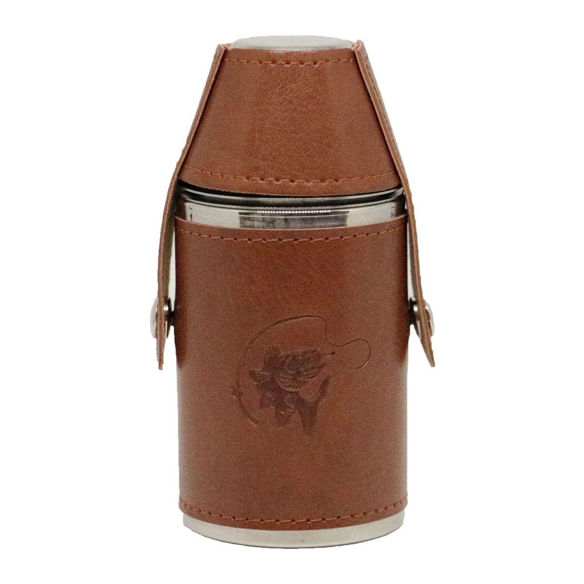 Fish & Reel 6oz Hip Flask With Two Cups - Leonard Silver - cups stowed under flap