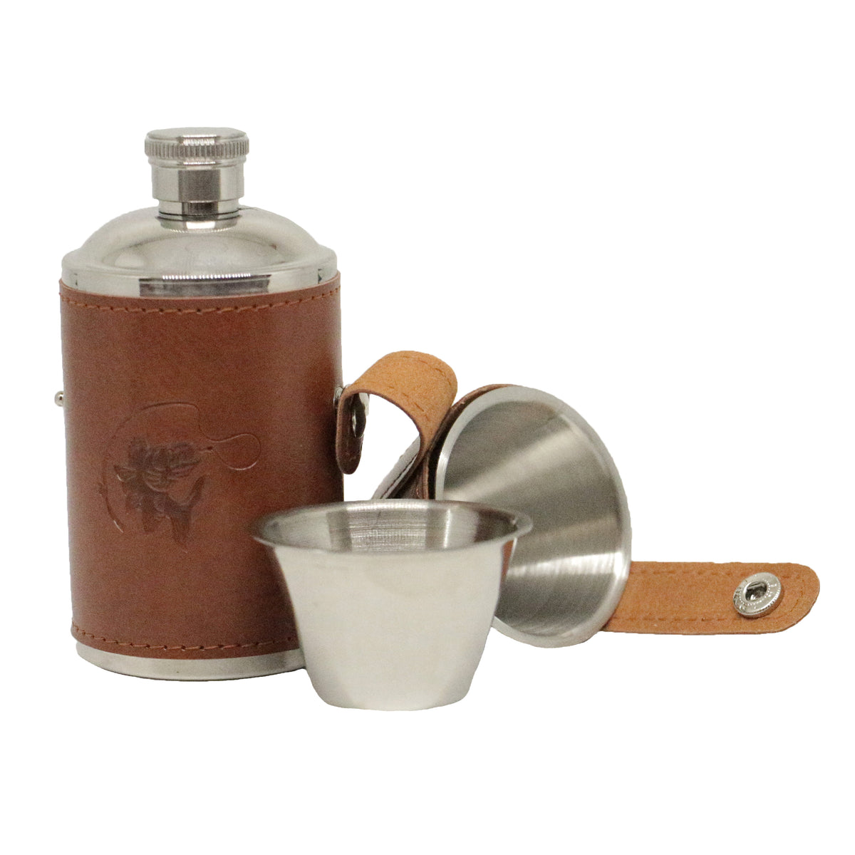 Fish & Reel 6oz Hip Flask With Two Cups - Leonard Silver - flask with two stainless cups