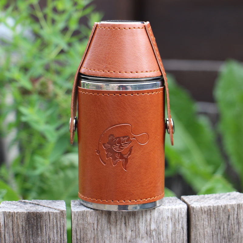 Fish & Reel 6oz Hip Flask With Two Cups - Leonard Silver - embossed fish motif