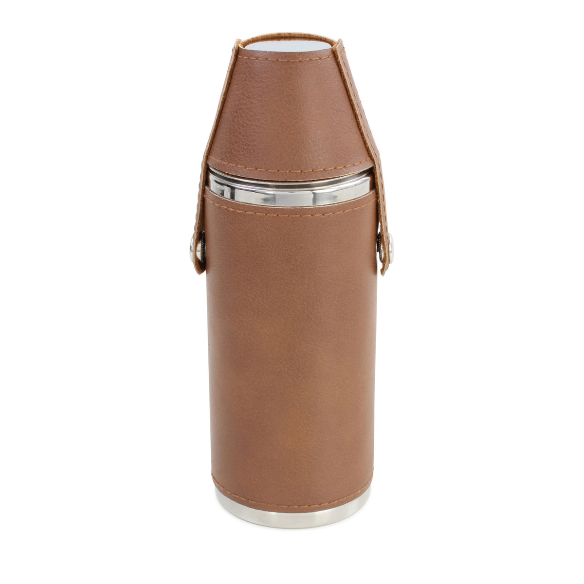 Brown Leatherette 6oz Hunter's Hip Flask With Two Cups - Leonard Silver - closed, front view