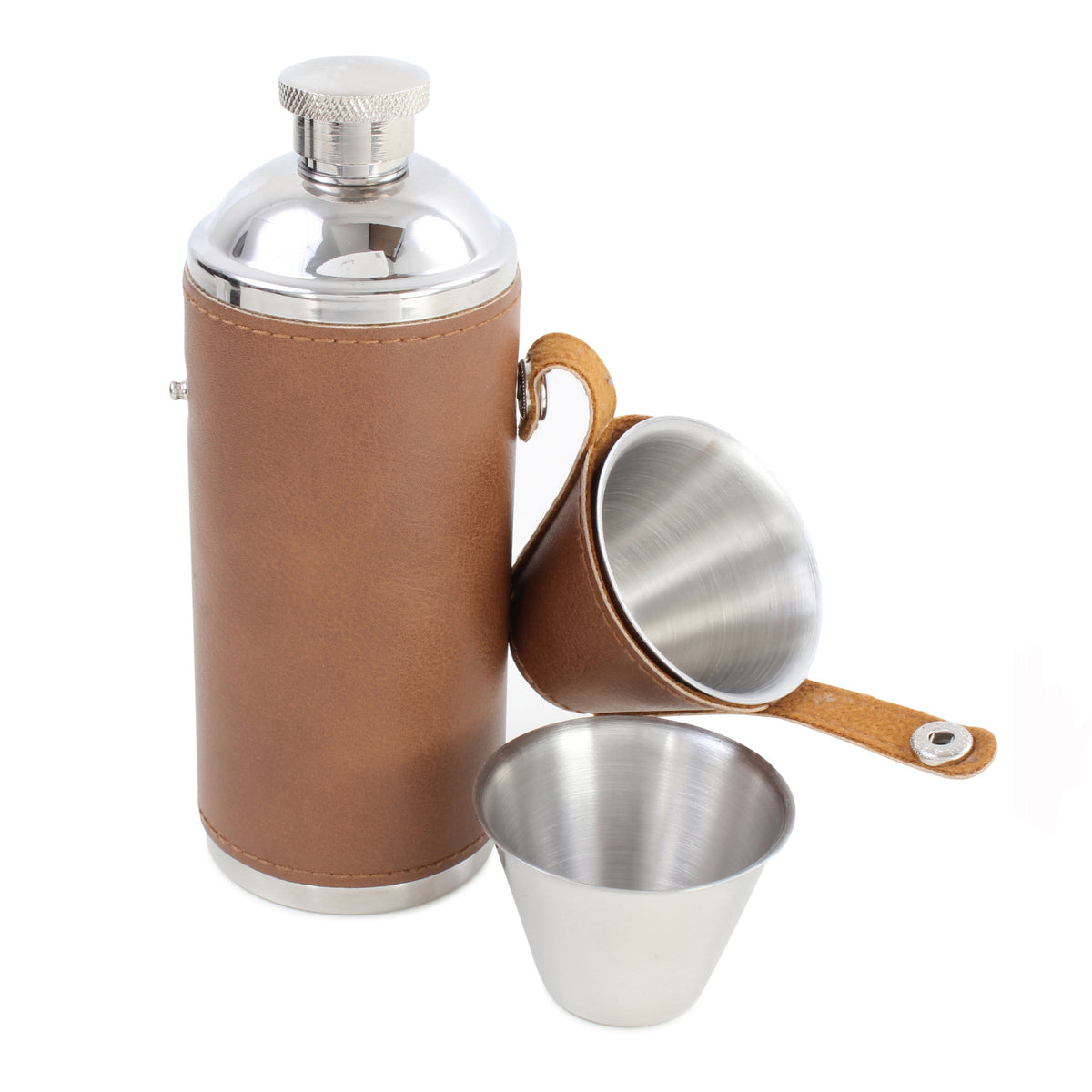 Brown Leatherette 6oz Hunter's Hip Flask With Two Cups - Leonard Silver - shown with the two cups removed