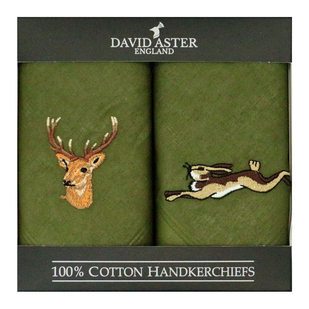 Stag & Hare Embroidered Green Cotton Handkerchiefs - Leonard Silver - pair shown in presentation box