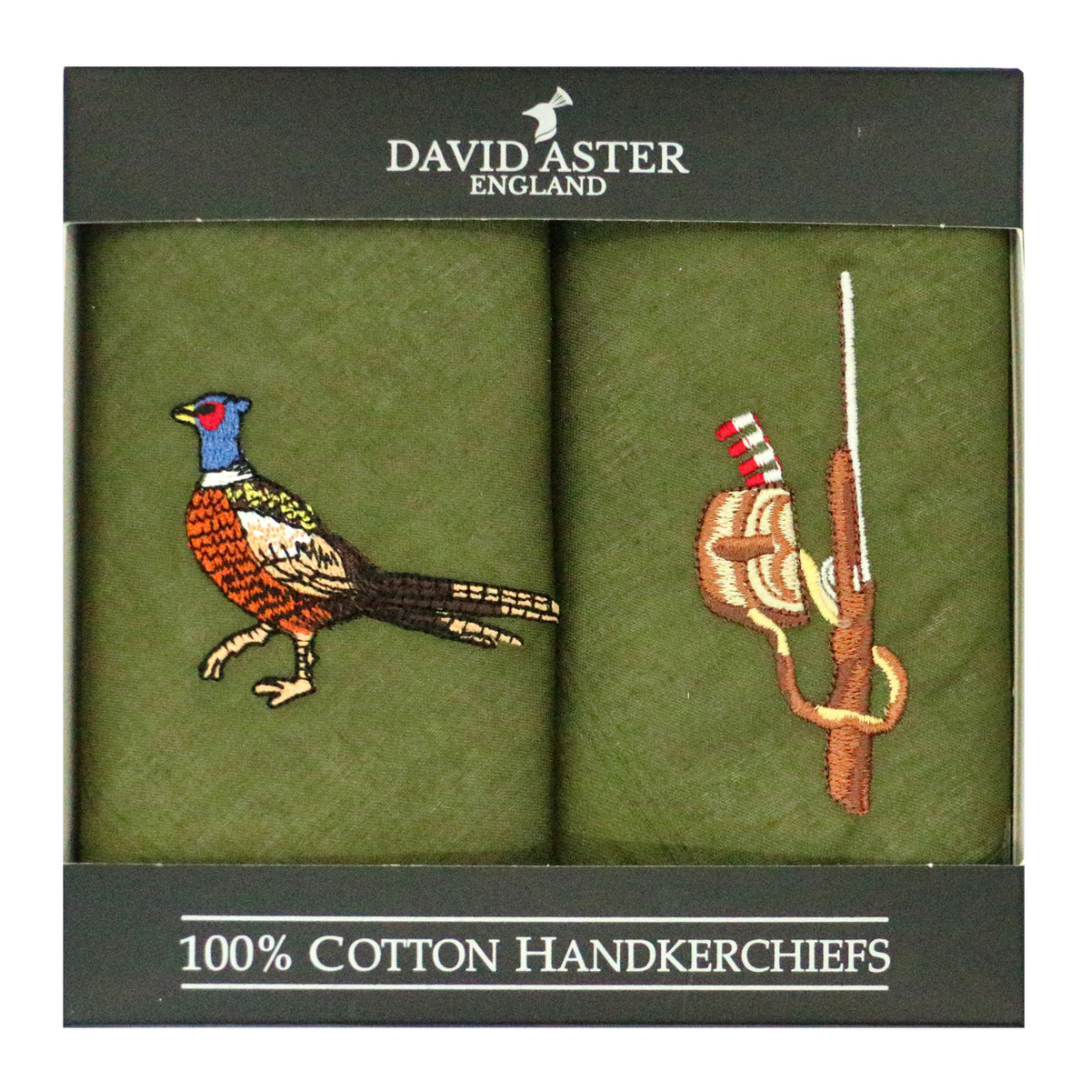 Pheasant & Gun Embroidered Green Cotton Handkerchiefs - Leonard Silver - pair shown boxed