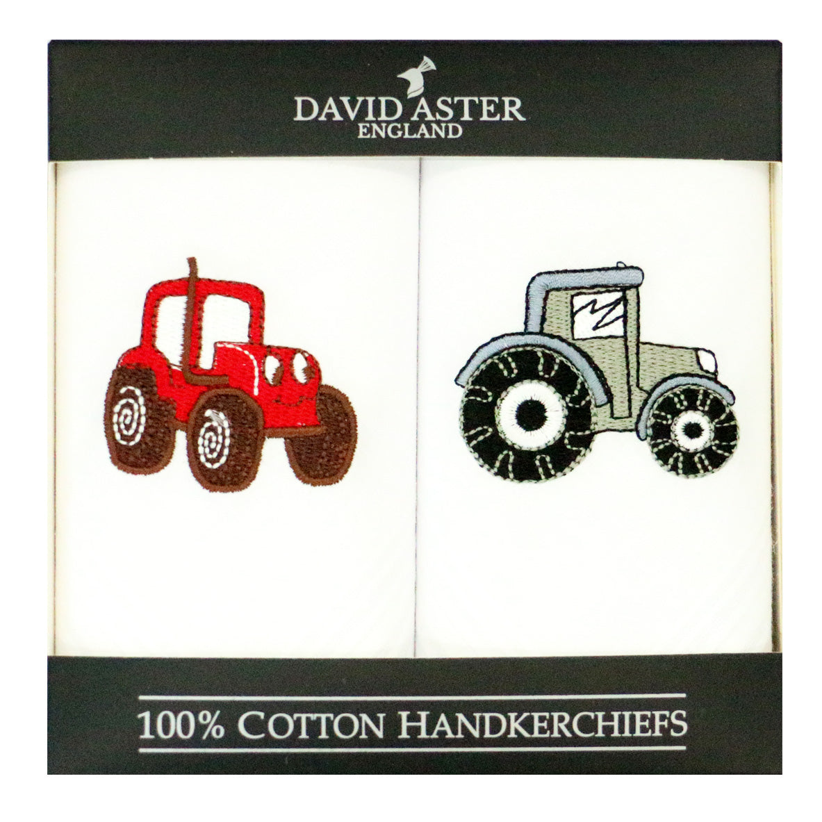 Red & Grey Tractor Embroidered Cotton Handkerchiefs - Leonard Silver - pair shown boxed