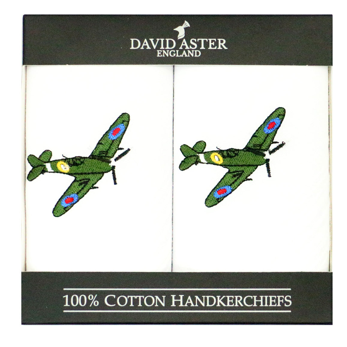 Spitfire Embroidered White Cotton Handkerchiefs - Leonard Silver - set of two in presentation box