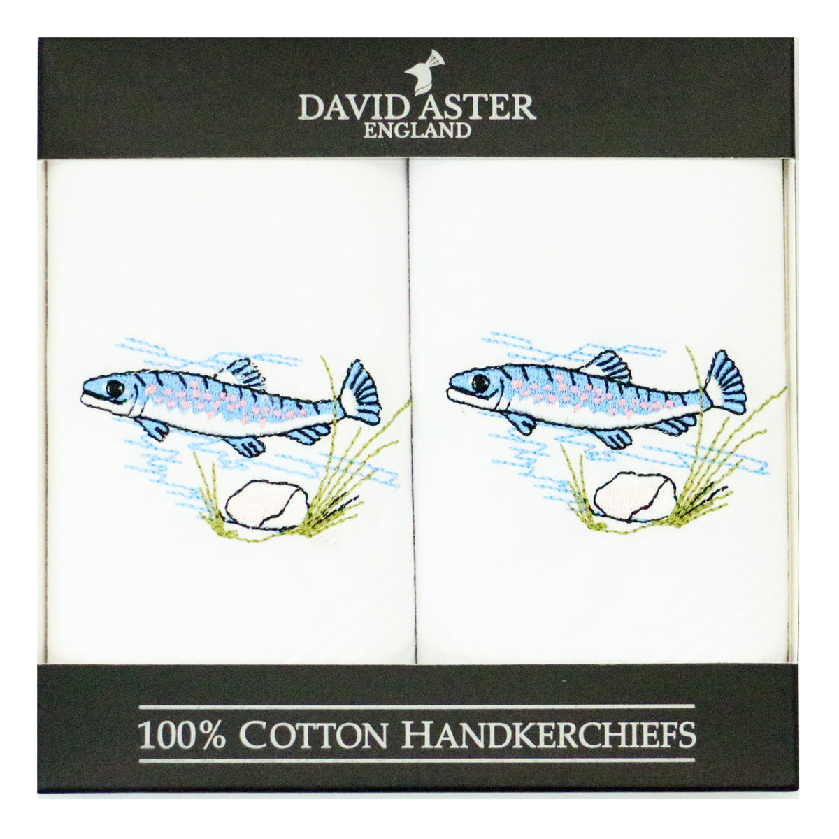 Fish Embroidered White Cotton Handkerchiefs - Leonard Silver - boxed pair showing corner embroidery