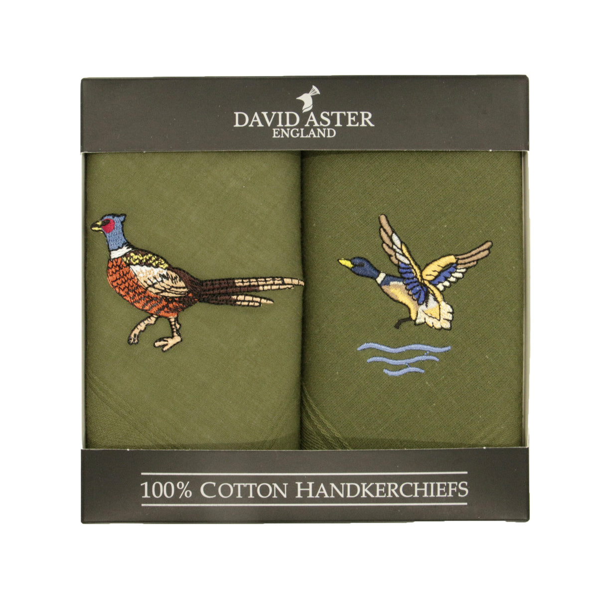 Pheasant & Duck Embroidered Green Cotton Handkerchiefs - Leonard Silver - pair shown boxed
