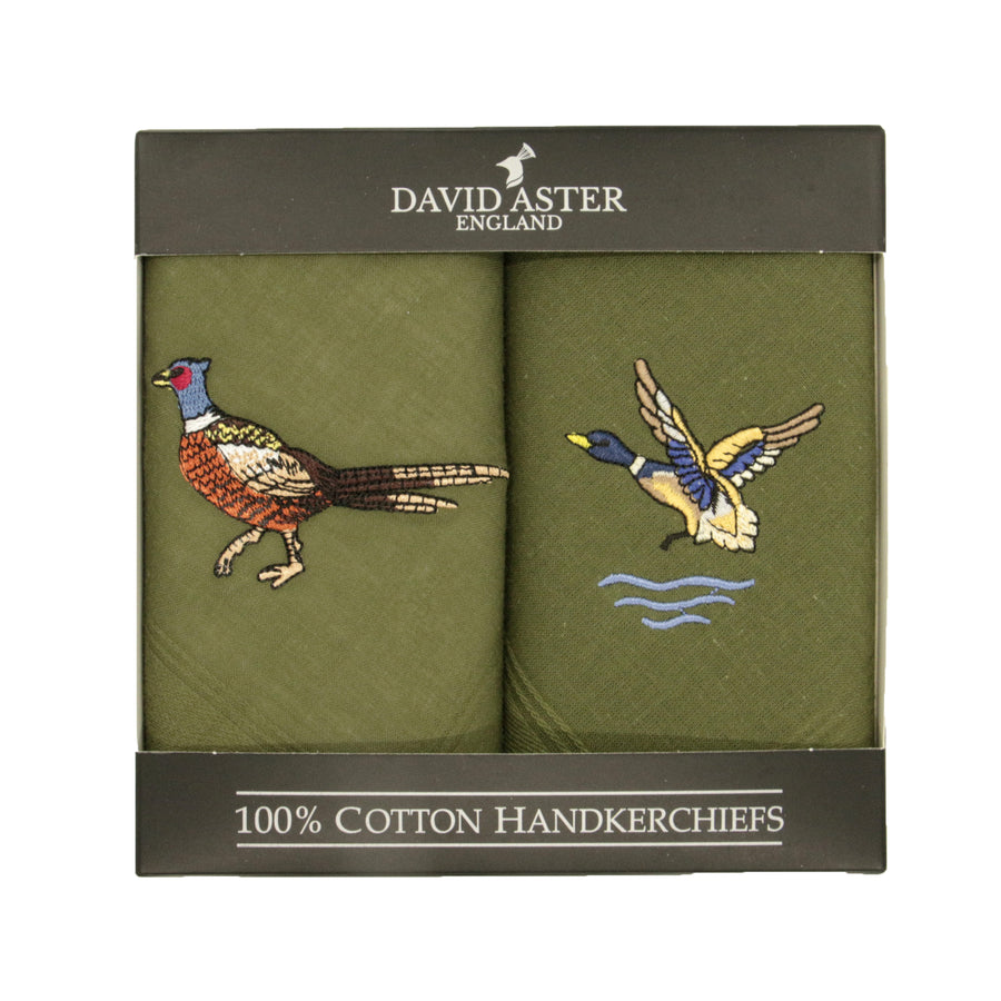 Pheasant & Duck Embroidered Green Cotton Handkerchiefs - Leonard Silver - pair shown boxed
