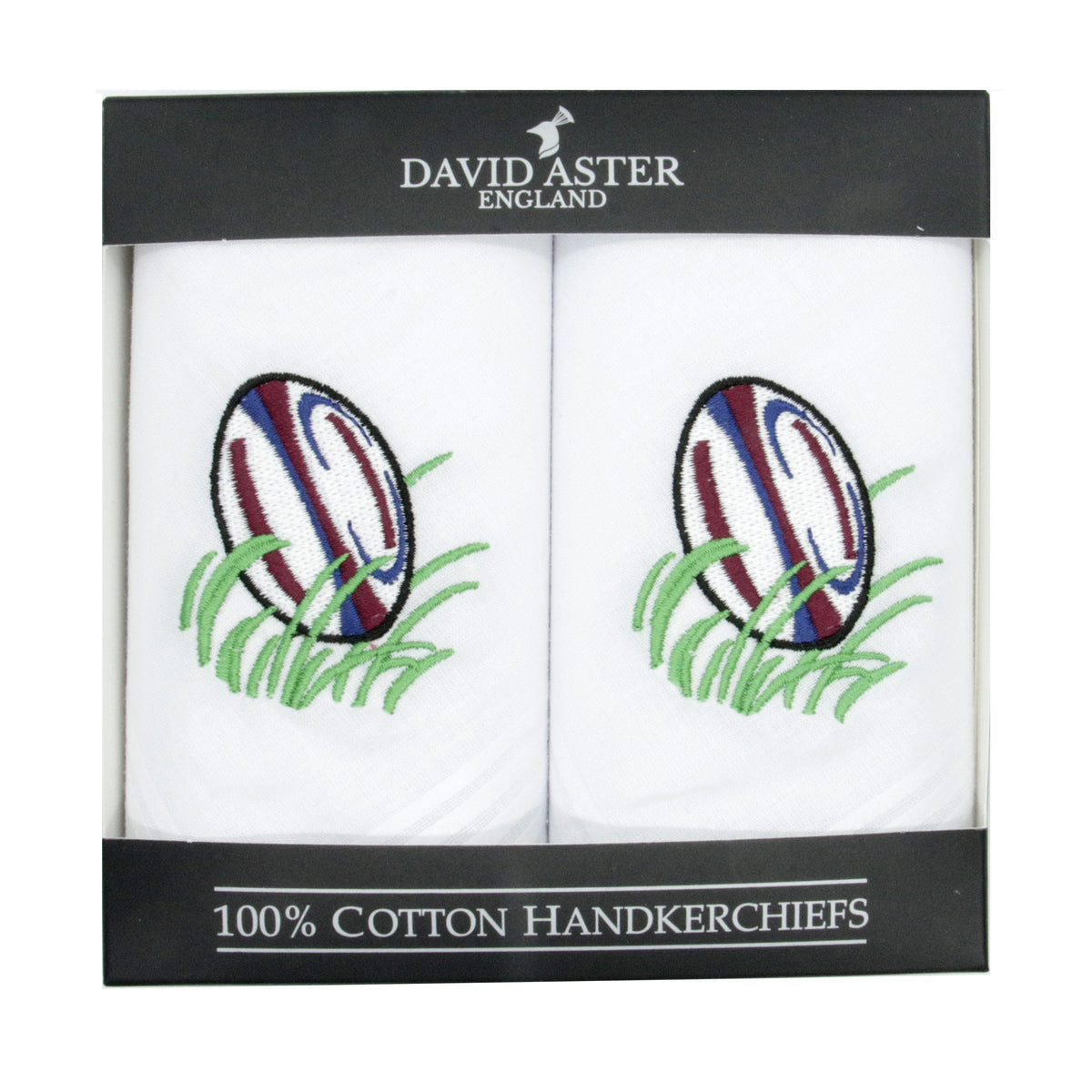 Rugby Ball Embroidered White Cotton Handkerchiefs - Leonard Silver - striped rugby ball in grass, boxed pair