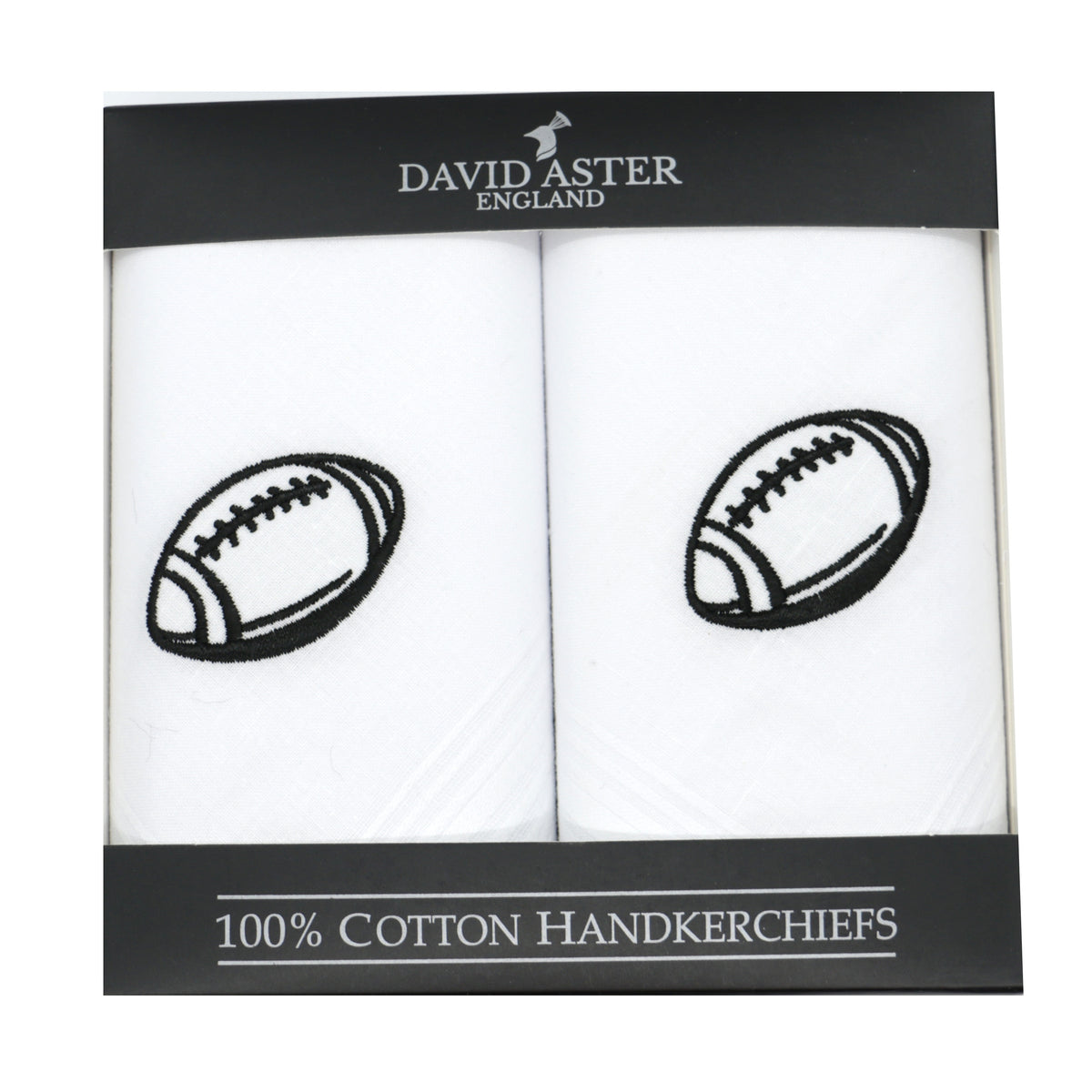 Rugby Ball Embroidered White Cotton Handkerchiefs - Leonard Silver - black embroidered rugby ball, boxed pair