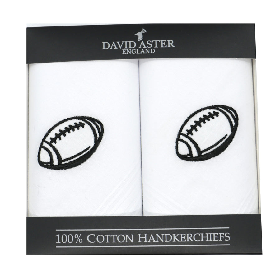Rugby Ball Embroidered White Cotton Handkerchiefs - Leonard Silver - black embroidered rugby ball, boxed pair