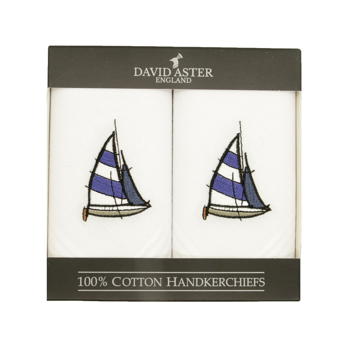 Sail Boat Embroidered White Cotton Handkerchiefs - Leonard Silver - in presentation box