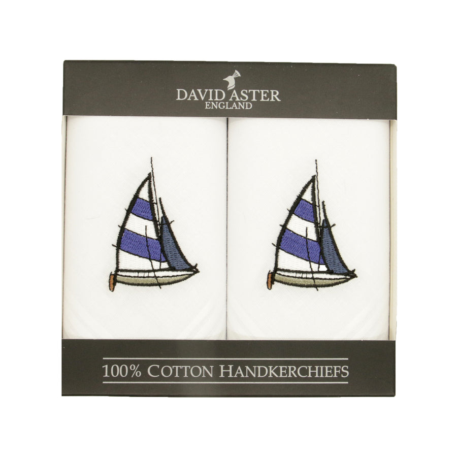 Sail Boat Embroidered White Cotton Handkerchiefs - Leonard Silver - in presentation box