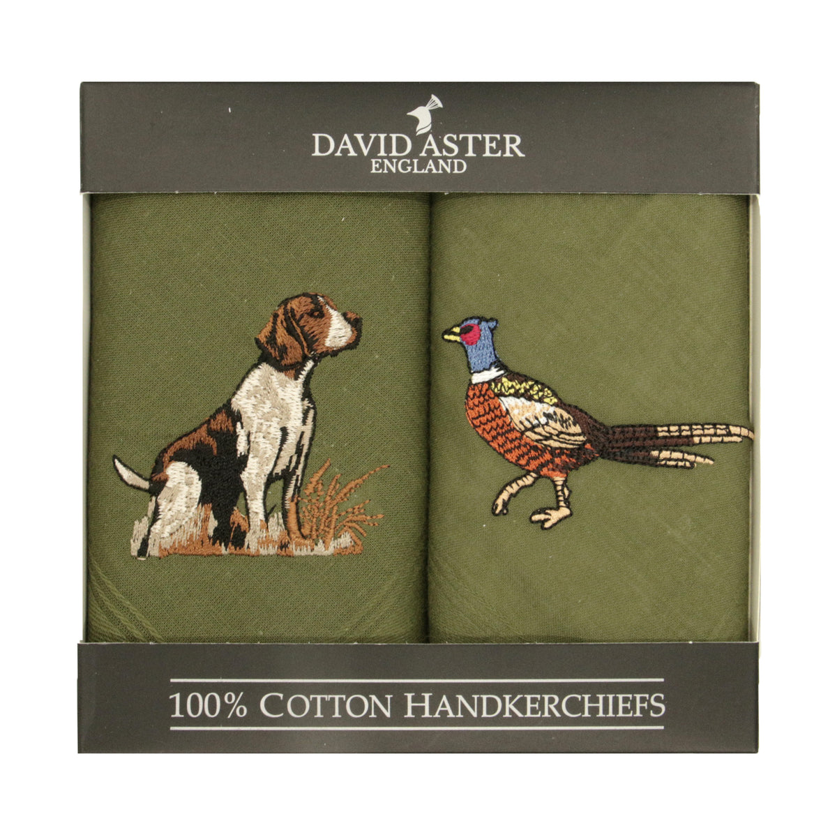 Pheasant & Hound Embroidered Green Cotton Handkerchiefs - Leonard Silver - pair in presentation box