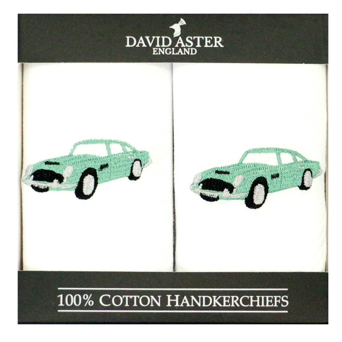 Classic Car Embroidered White Cotton Handkerchiefs - Leonard Silver - pair boxed with green car motif