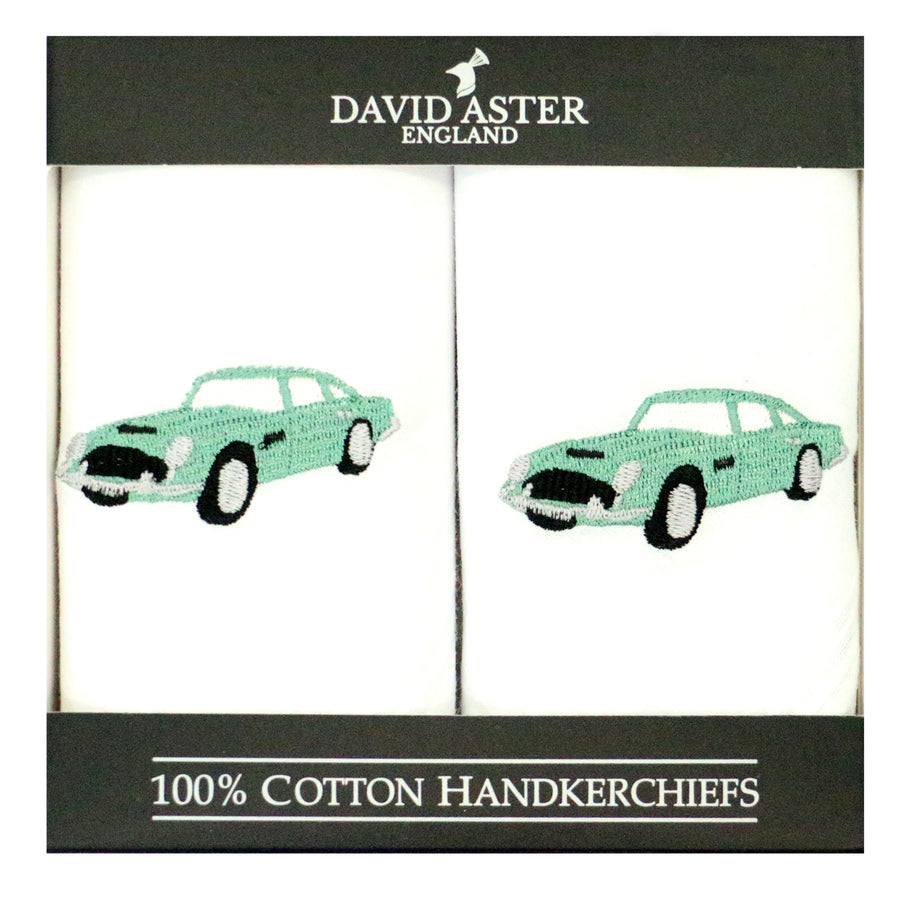 Classic Car Embroidered White Cotton Handkerchiefs - Leonard Silver - pair boxed with green car motif